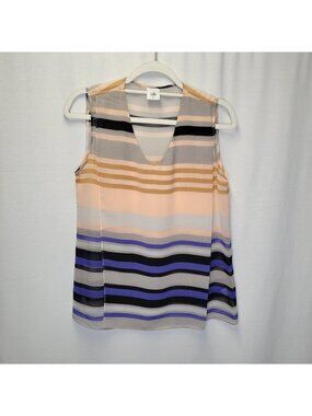 Cabi Women's Medium Shirt Top Sleeveless Gray Peach Blue Striped Underline #3273
